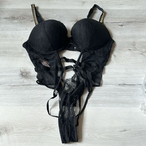 Victoria’s Secret Chain Strap‎ Lace Push-Up Teddy size 2 XL black NWT in pkg - Picture 5 of 8